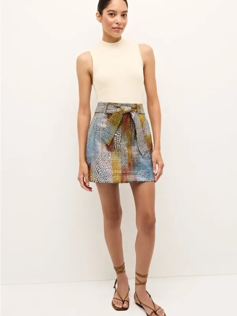 Marie Oliver Multicolor Tie-Waist Mini Skirt in Cream, Blue & Gold